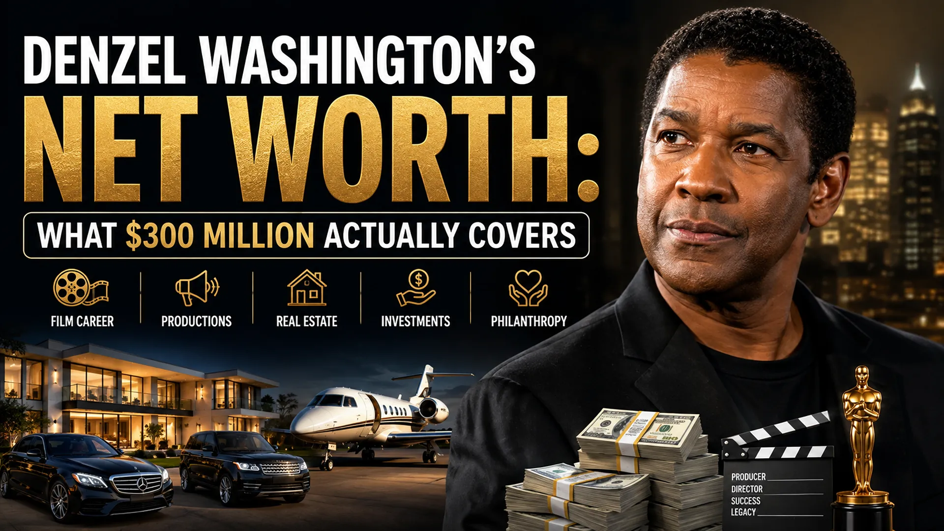 Denzel Washington net worth of $300 million shown through his film career, real estate, investments, luxury assets, and philanthropy