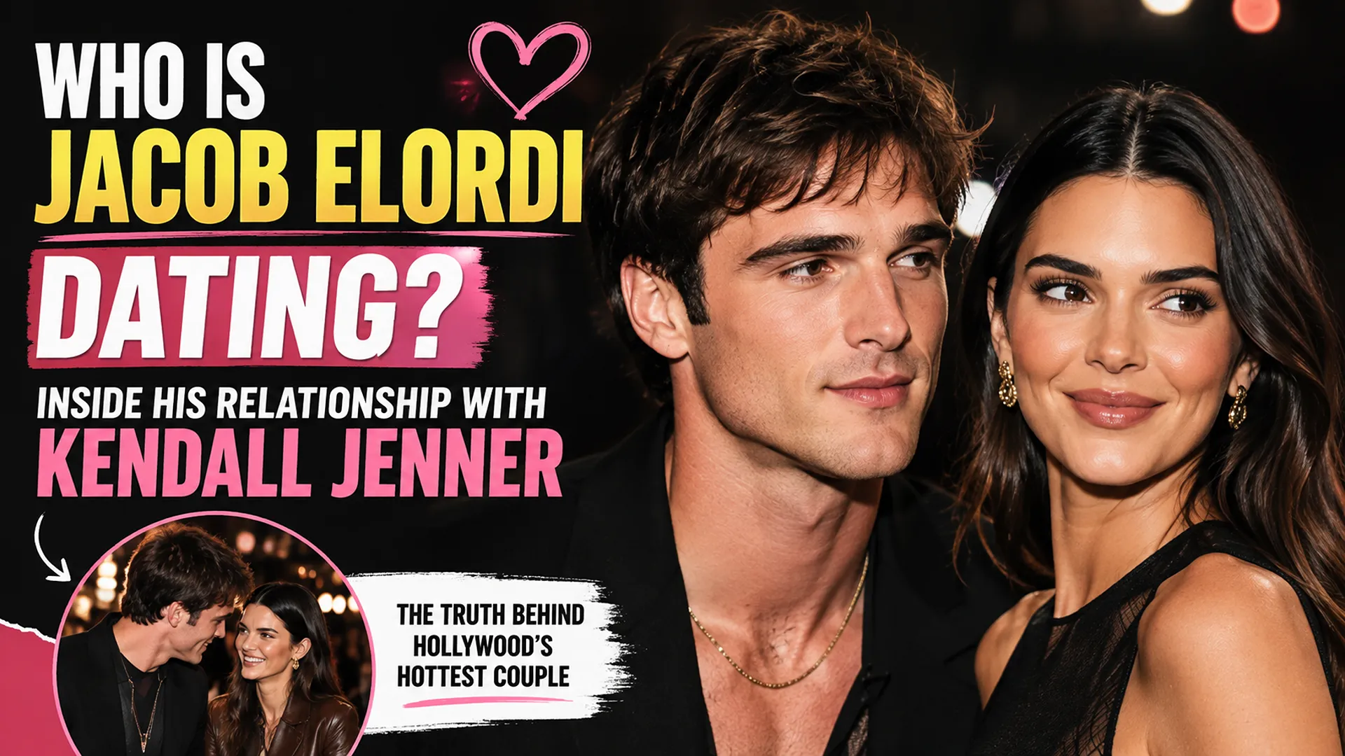 Jacob Elordi and Kendall Jenner featured together in a bold celebrity relationship graphic asking who Jacob Elordi is dating.