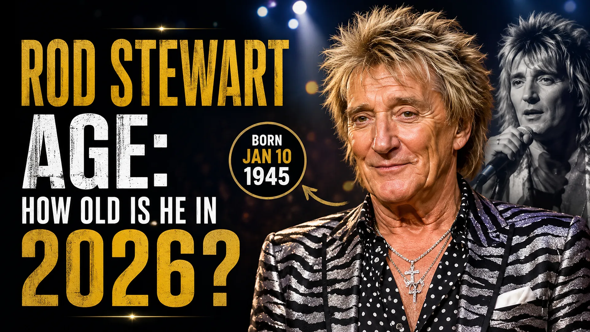 Rod Stewart portrait with bold text asking “How Old Is He in 2026?” and his birth date highlighted.