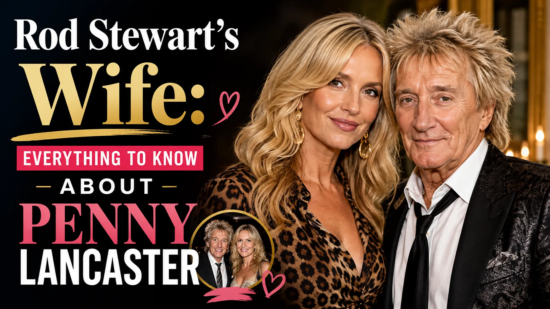 Rod Stewart and Penny Lancaster posing together in a glamorous setting, with bold text reading “Rod Stewart’s Wife: Everything to Know About Penny Lancaster.”