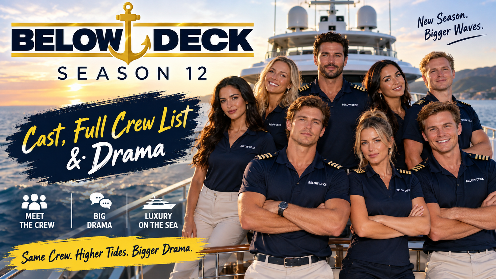 Below Deck Season 12 cast featured on a luxury yacht with crew members and dramatic season-themed graphics.