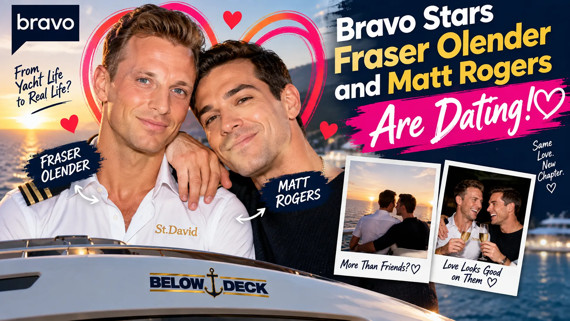 Fraser Olender and Matt Rogers pictured together on a luxury yacht with a romantic Bravo-themed graphic about their dating relationship.