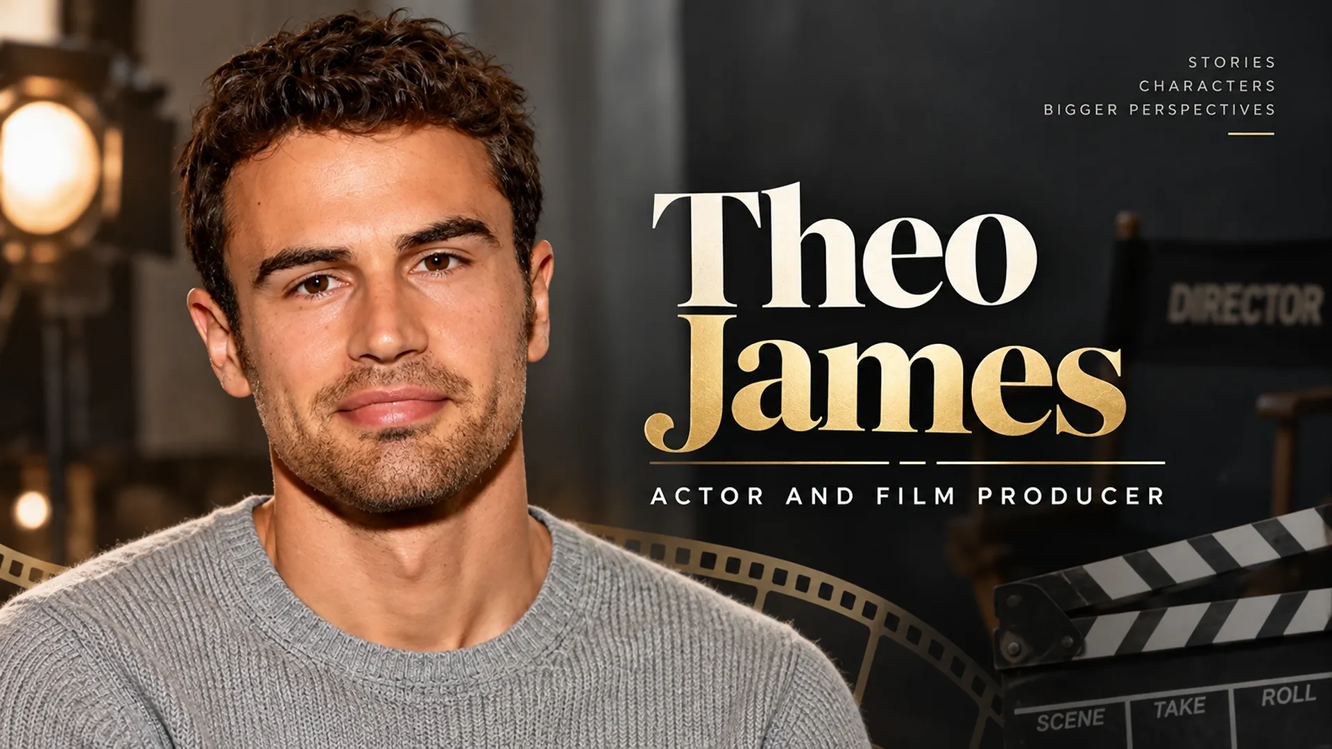 Theo James portrait with cinematic film-production background, featuring the text “Theo James — Actor and Film Producer.”